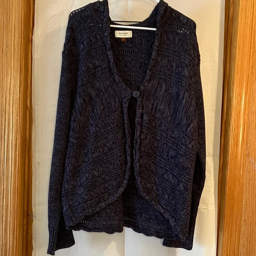 Sonoma Women’s Cable Knit Hooded 1 button Blue/Grey XL Longsleeve Cardigan